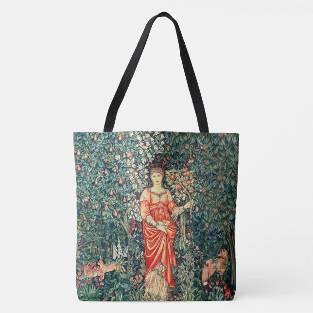 POMONA HOLDING FRUITS IN GREENERY, FOREST ANIMALS  TOTE BAG (Front)