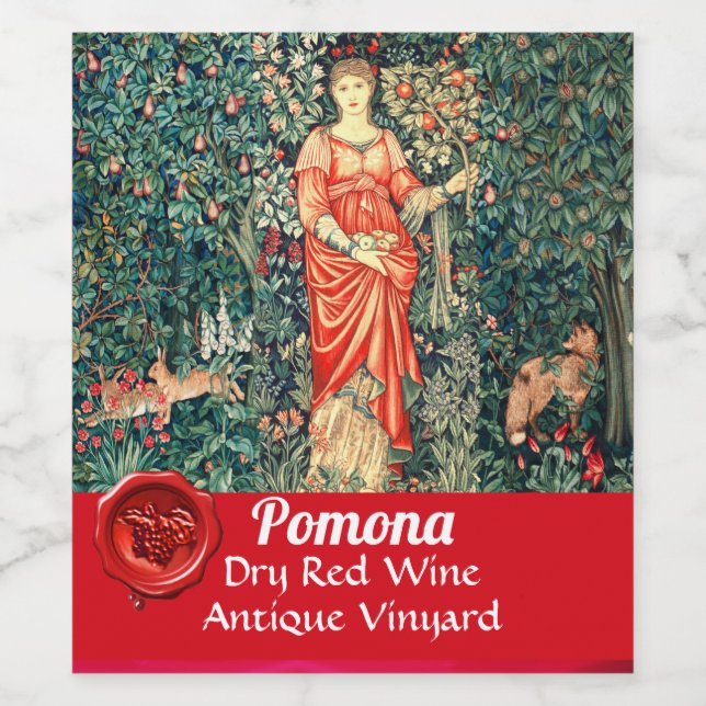 POMONA HOLDING FRUITS IN GREENERY, FOREST ANIMALS WINE LABEL (Single Label)