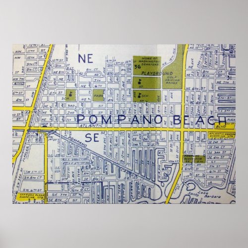 Pompano Beach FL Vintage Map Poster