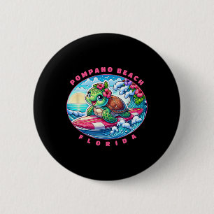 Pompano Beach Florida Cute Surfing Girl Sea Turtle Button