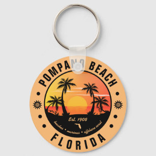 Pompano Beach Florida Retro Sunset Souvenir 80s Keychain