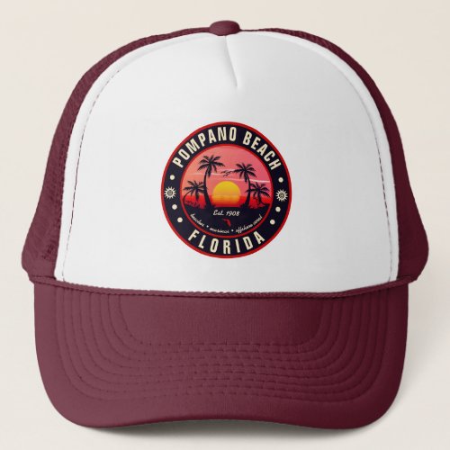 Pompano Beach Florida Retro Sunset Souvenir 80s Trucker Hat