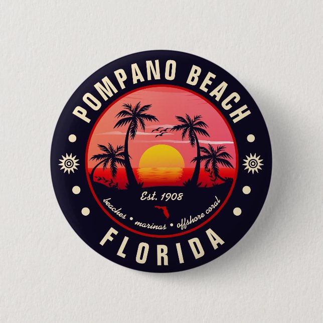 Pompano Beach Florida Retro Sunset Souvenir Button (Front)