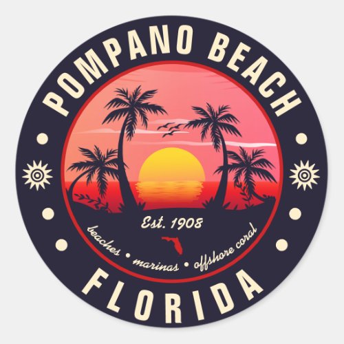 Pompano Beach Florida Retro Sunset Souvenir Classic Round Sticker