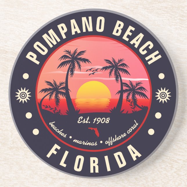 Pompano Beach Florida Retro Sunset Souvenir Coaster (Front)