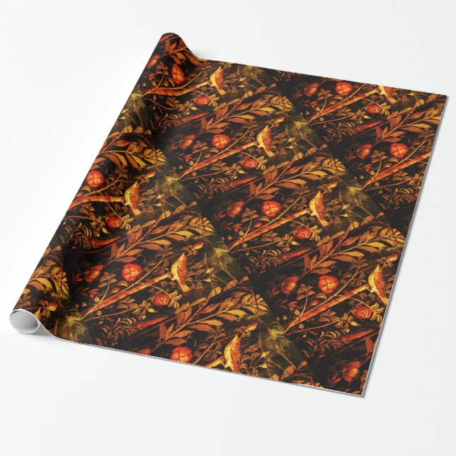 POMPEII COLLECTION NIGHTINGALE WITH ROSES , Red Wrapping Paper (Unrolled)