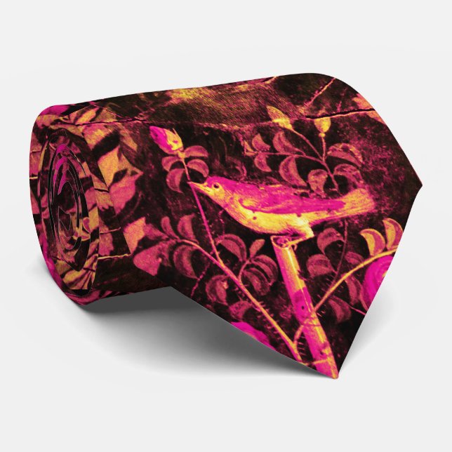 POMPEII GARDEN NIGHTINGALE,PINK ROSES,Yellow Brown Neck Tie (Rolled)