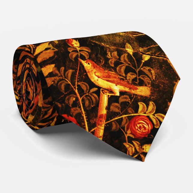 POMPEII GARDEN,NIGHTINGALE,ROSES,Yellow Brown  Neck Tie (Rolled)