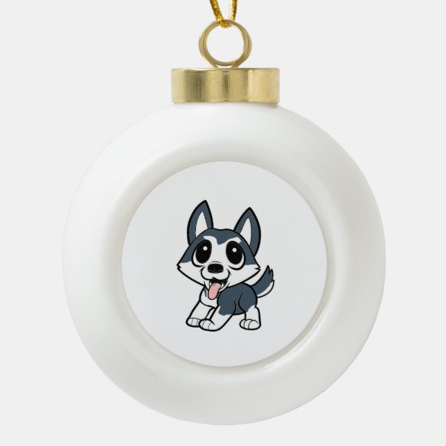 pomsky cartoon.png ceramic ball christmas ornament (Front)