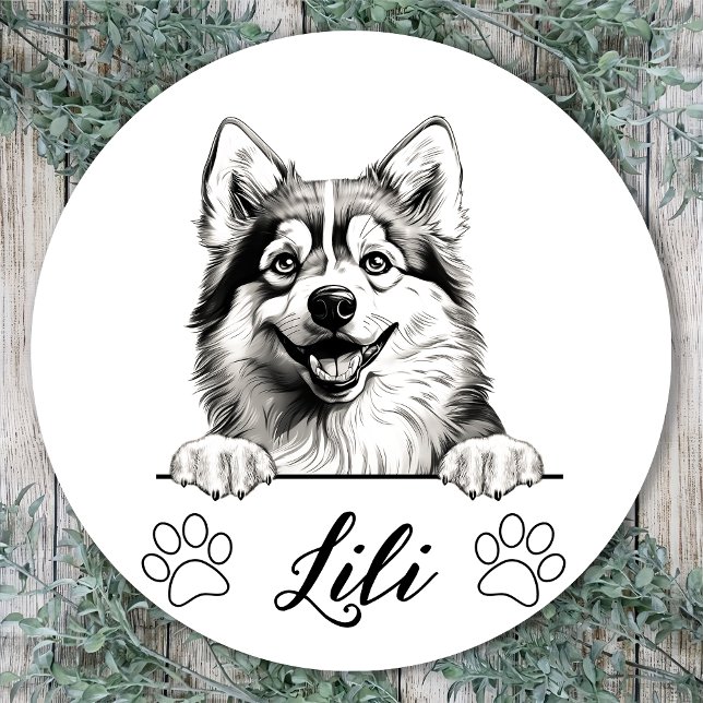 Pomsky Dog Hand Drawing Personalized Classic Round Sticker (Creator Uploaded)