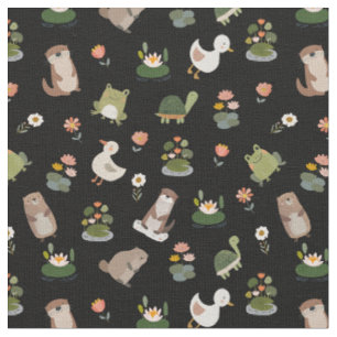 Pond Animals & Lily Pads on Black Fabric