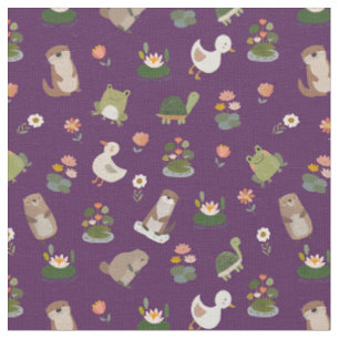Pond Animals & Lily Pads on Dark Purple Fabric