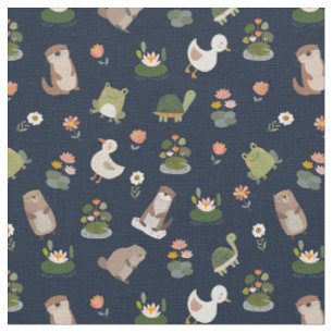 Pond Animals & Lily Pads on Darkest Blue Fabric