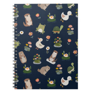 Pond Animals & Lily Pads on Darkest Blue Notebook
