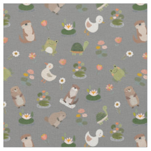 Pond Animals & Lily Pads on Gray Fabric