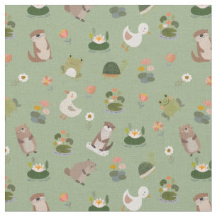 Pond Animals & Lily Pads on Light Green Fabric