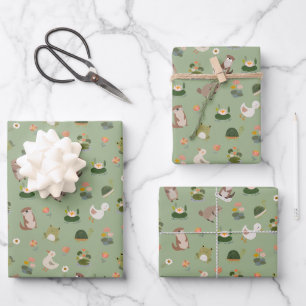 Pond Animals & Lily Pads on Light Green Wrapping Paper Sheets