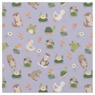 Pond Animals & Lily Pads on Pale Gray-Purple Fabric