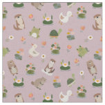 Pond Animals &amp; Lily Pads on Pastel Gray-Pink Fabric
