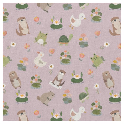 Pond Animals & Lily Pads on Pastel Gray-Pink Fabric
