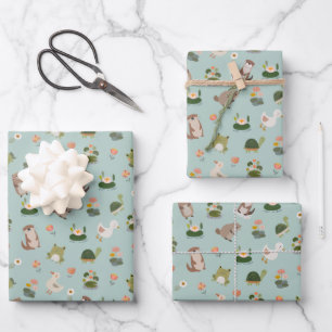 Pond Animals & Lily Pads on Pistachio Green Wrapping Paper Sheets