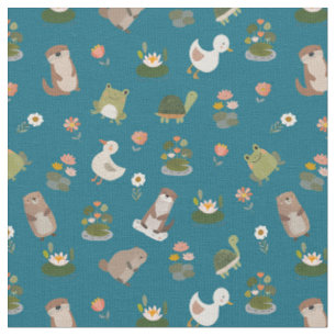 Pond Animals & Lily Pads on Teal Fabric