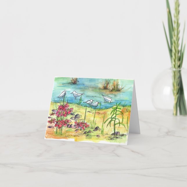 Pond Birds Watercolor Nature Art Blank Card (Front)