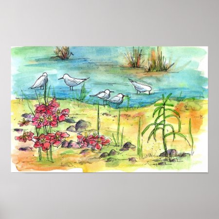 Pond Birds Watercolor Painting Nature Art Poster