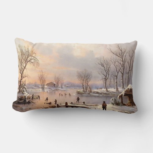 Pond Ice Skating Winter Snow Country Throw Pillow