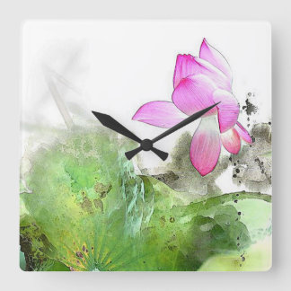 POND LOTUS l Chinese Brush Painting Art Square Wall Clock