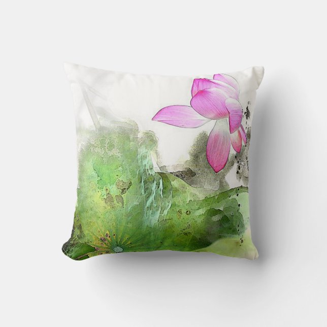 POND LOTUS l Chinese Brush Painting Art Throw Pillow (Front)