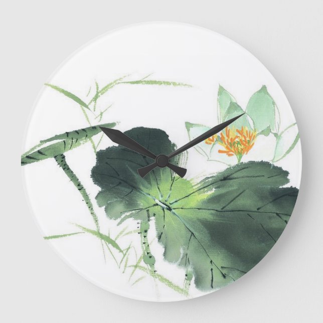 POND LOTUS PEACE l Chinese Brush Painting Art Large Clock (Front)