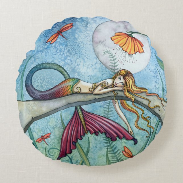 Pond Mermaid Fantasy Art by Molly Harrison Round Pillow (Front)