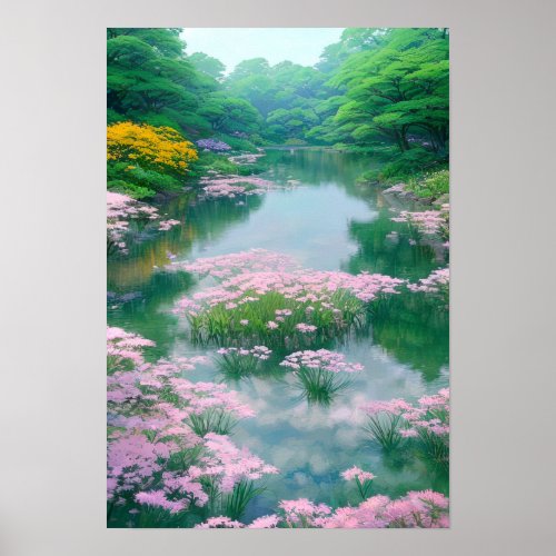 Pond of Pink Flowers Poster