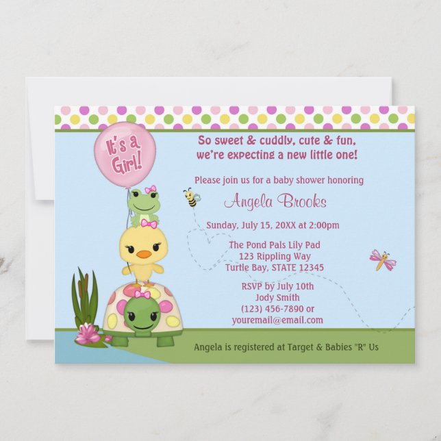 Pond Pals Baby Shower Invitation Duck Frog GIRLS (Front)