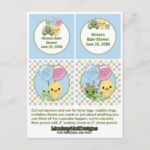 Pond Pals Duck Baby Shower Cupcake Topper Neutral Invitation Postcard