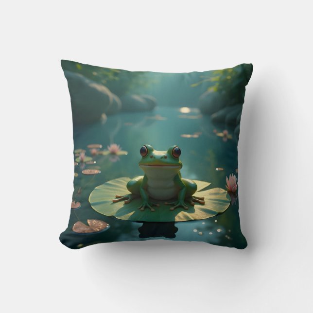Pond Sentinel – Frog Wildlife Art Throw Pillow (Front)