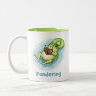 Pondering Frog Reading Book  Two-Tone Coffee Mug