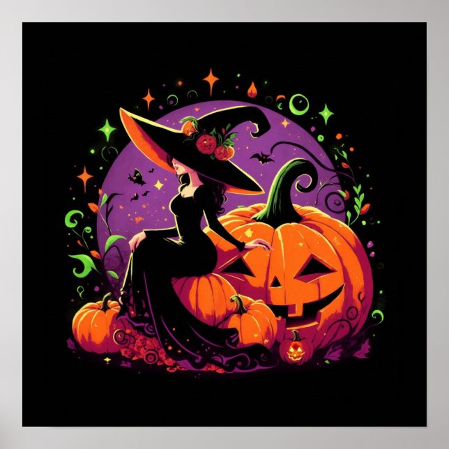 Pondering Witch Sitting on a Pumpkin Poster (Front)