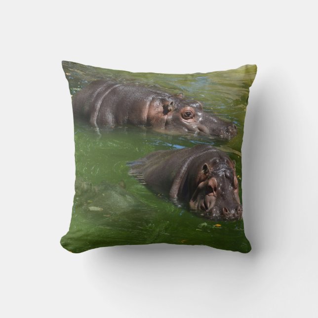 **"Pondside Play: Two Hippos Swimming Together"** Throw Pillow (Front)