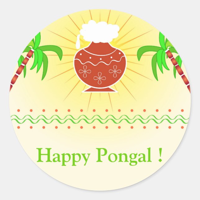 Pongal pot and sugarcane classic round sticker (Front)