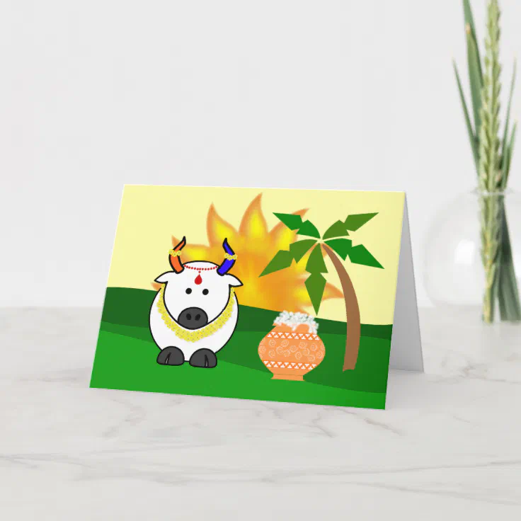 Pongal Pot, Cow, and Tree Greeting Card | Zazzle