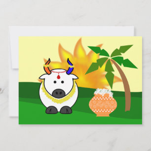Pongal Pot, Cow, and Tree Invitation