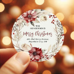 Ponsietta Christmas Wreath Return Address  Classic Round Sticker<br><div class="desc">Take the strain off sending out Christmas holiday cards this year with these festive red ponsietta christmas wreath return address labels. Featuring a watercolor wreath of red ponsietta flowers,  berries and botanical foliage. The calligraphy script and a return address label template is easy to customize.</div>