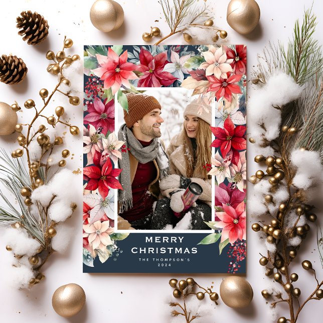 Ponsietta Floral Merry Christmas Photo Holiday Card (Creator Uploaded)