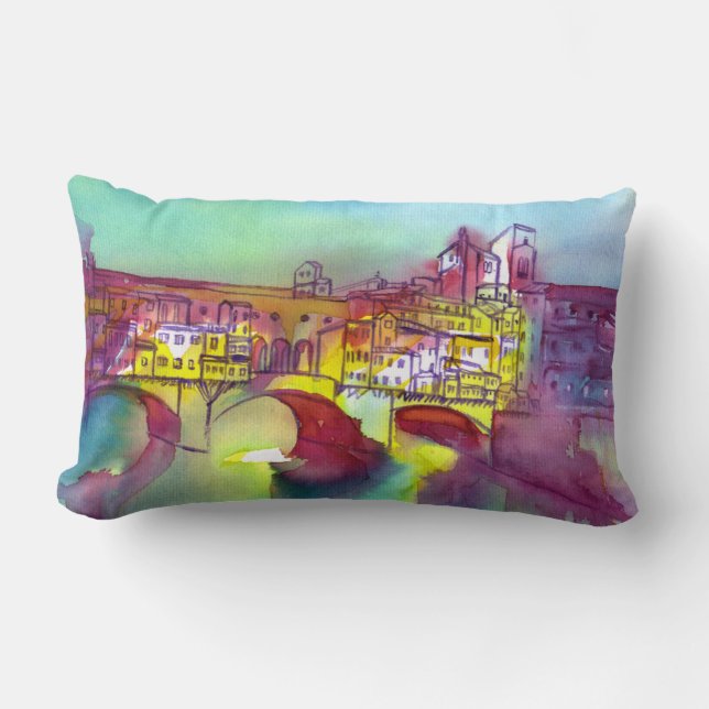 PONTE VECCHIO Florence by Night Watercolor Lumbar Pillow (Front)