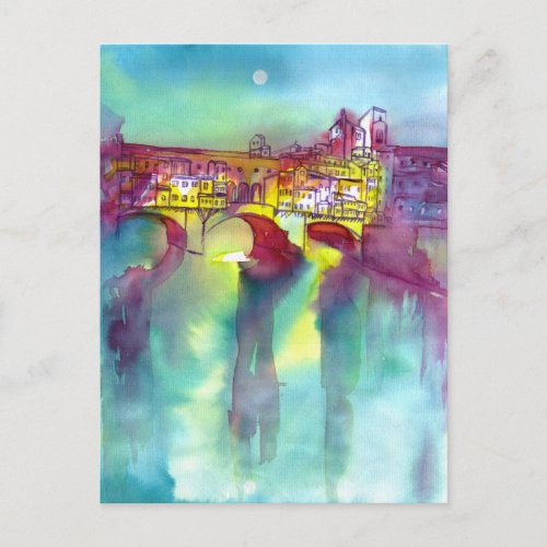 PONTE VECCHIO Florence by Night Watercolor Postcard