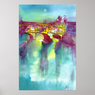 PONTE VECCHIO Florence by Night Watercolor Poster
