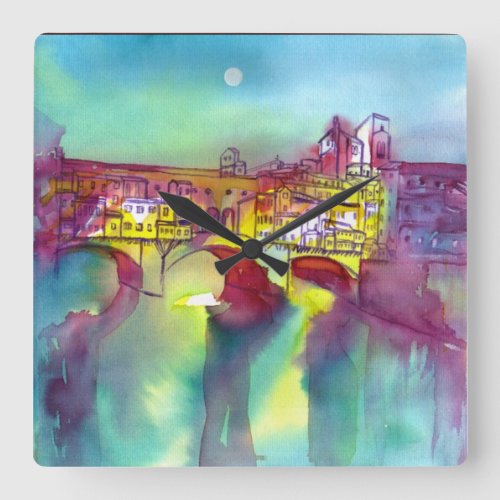 PONTE VECCHIO Florence by Night Watercolor Square Wall Clock