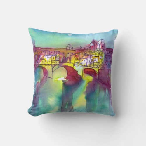 PONTE VECCHIO Florence by Night Watercolor Throw Pillow